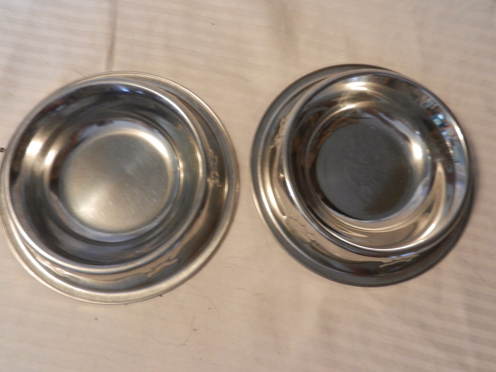 Pair of Silver Metal Small Dog Bowls With Embossed Paw Prints