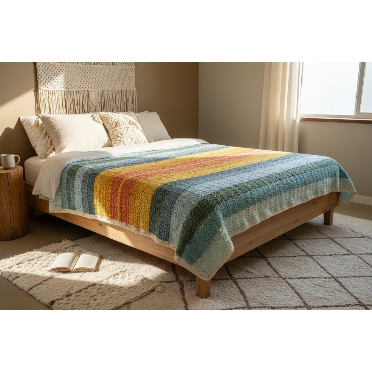 Handmade Rainbow Crochet Afghan Blanket 92×78 Oversized Boho Bedspread