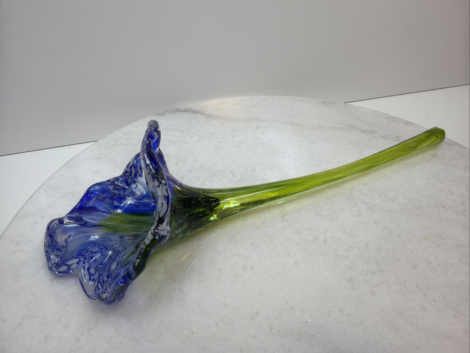 Hand Blown Art Glass Blue Lily Flower 11&Prime;, Green & Blue Swirl Stem