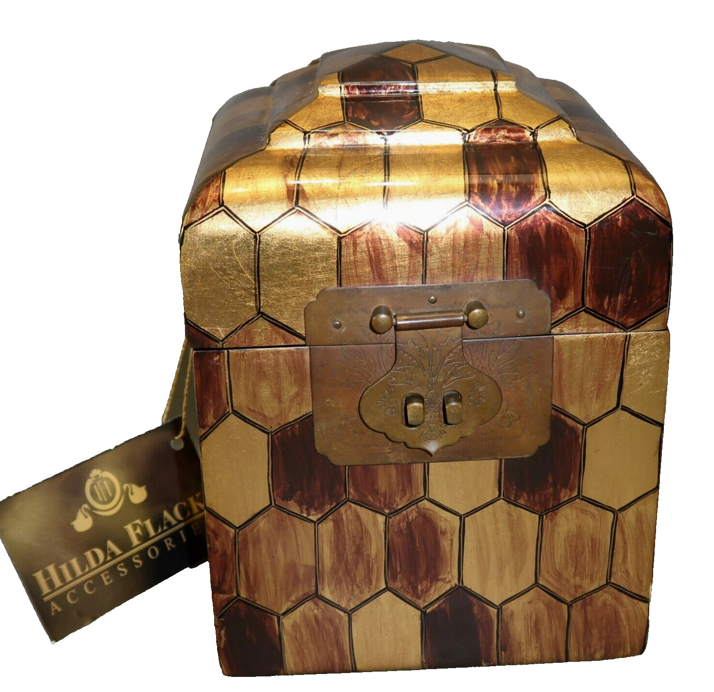 8&Prime; Hilda Flack Decorative Lacquered Box Container Chest- Gold Bronze Brass Tones