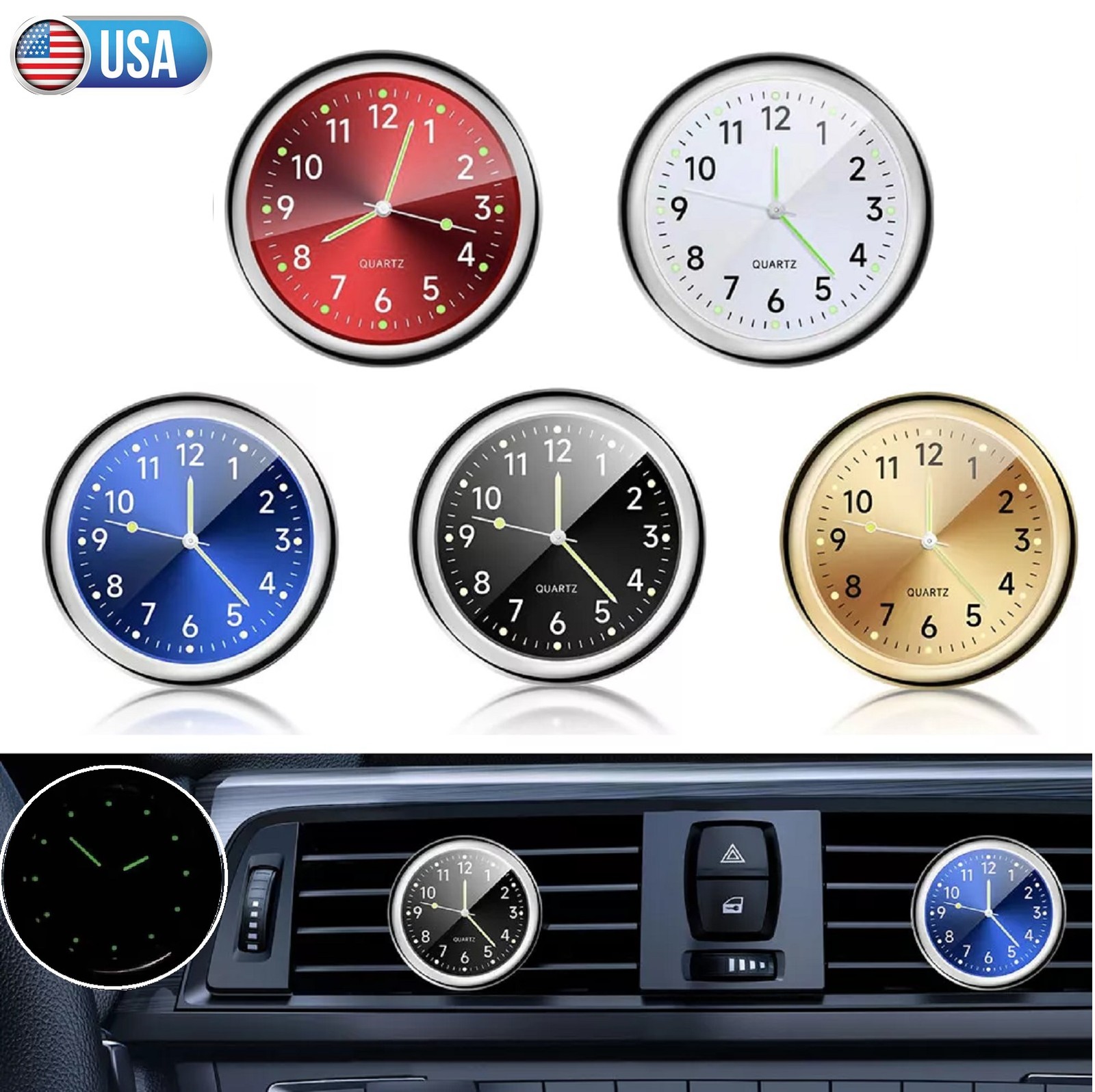 Mini Car Dashboard Clock Vehicle Luminous Clock with Adhesive for Boat Truck SUV