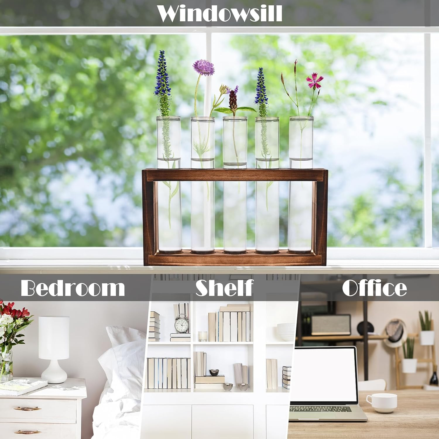 Desktop Glass Plant Propagation Station with 5 Test Tubes in Wooden Stand – H…
