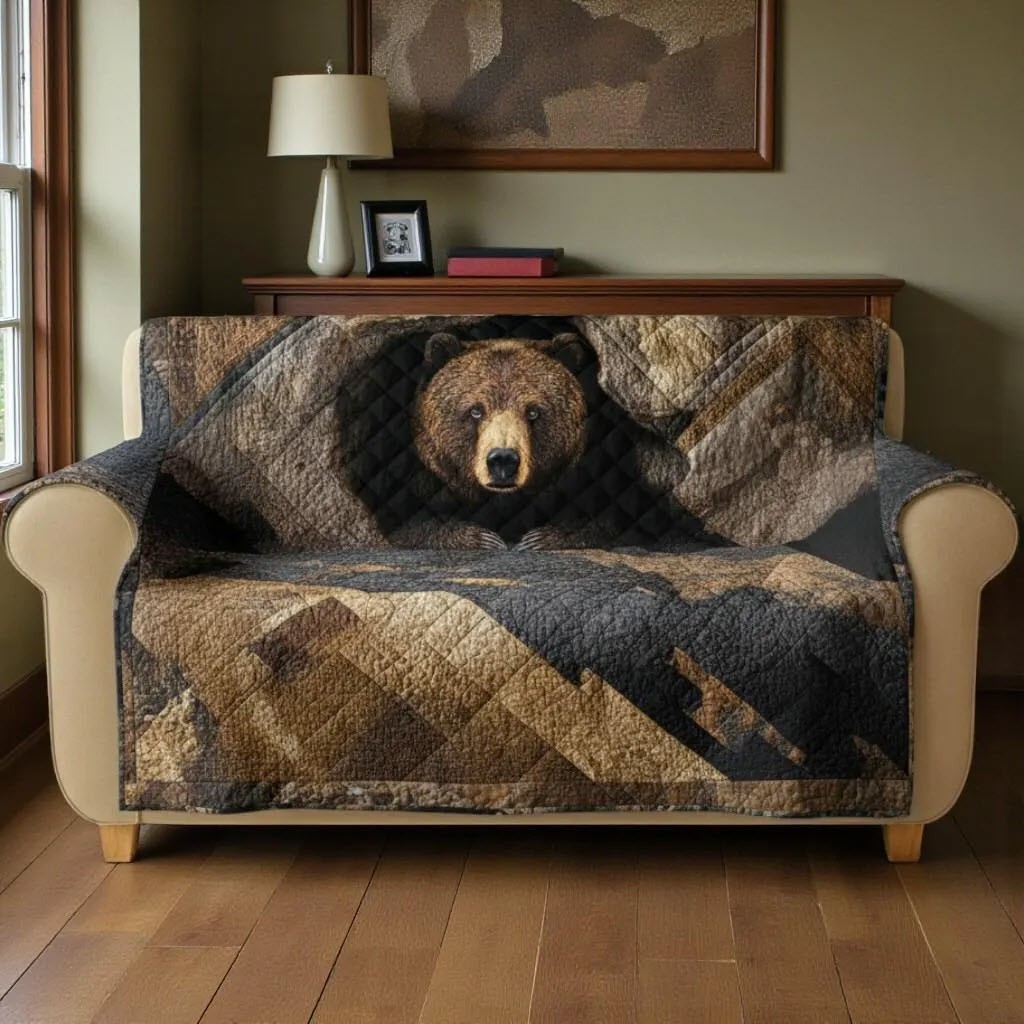 Bear Christmas Quilted Sofa Cover Woodland Farmhouse Holiday Living Room Decor