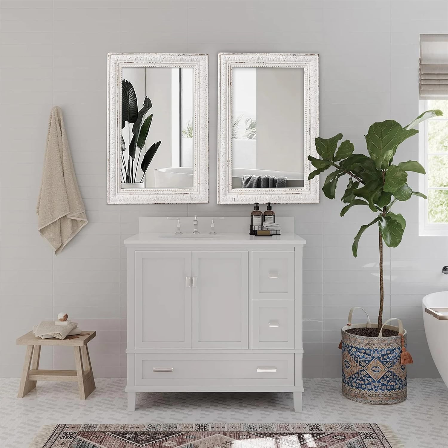 Rustic White Vintage Wall Mirror 24×36 Inches – Decorative Home Accent