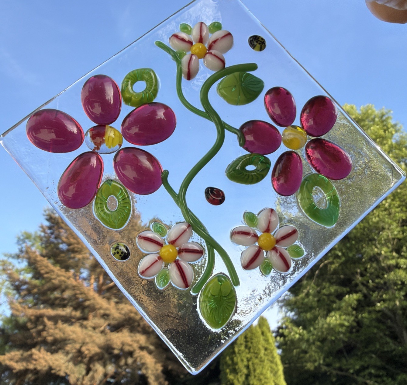 Fused Glass Handmade Diamond Shaped Multicolored Sun Catcher Signed By Artist