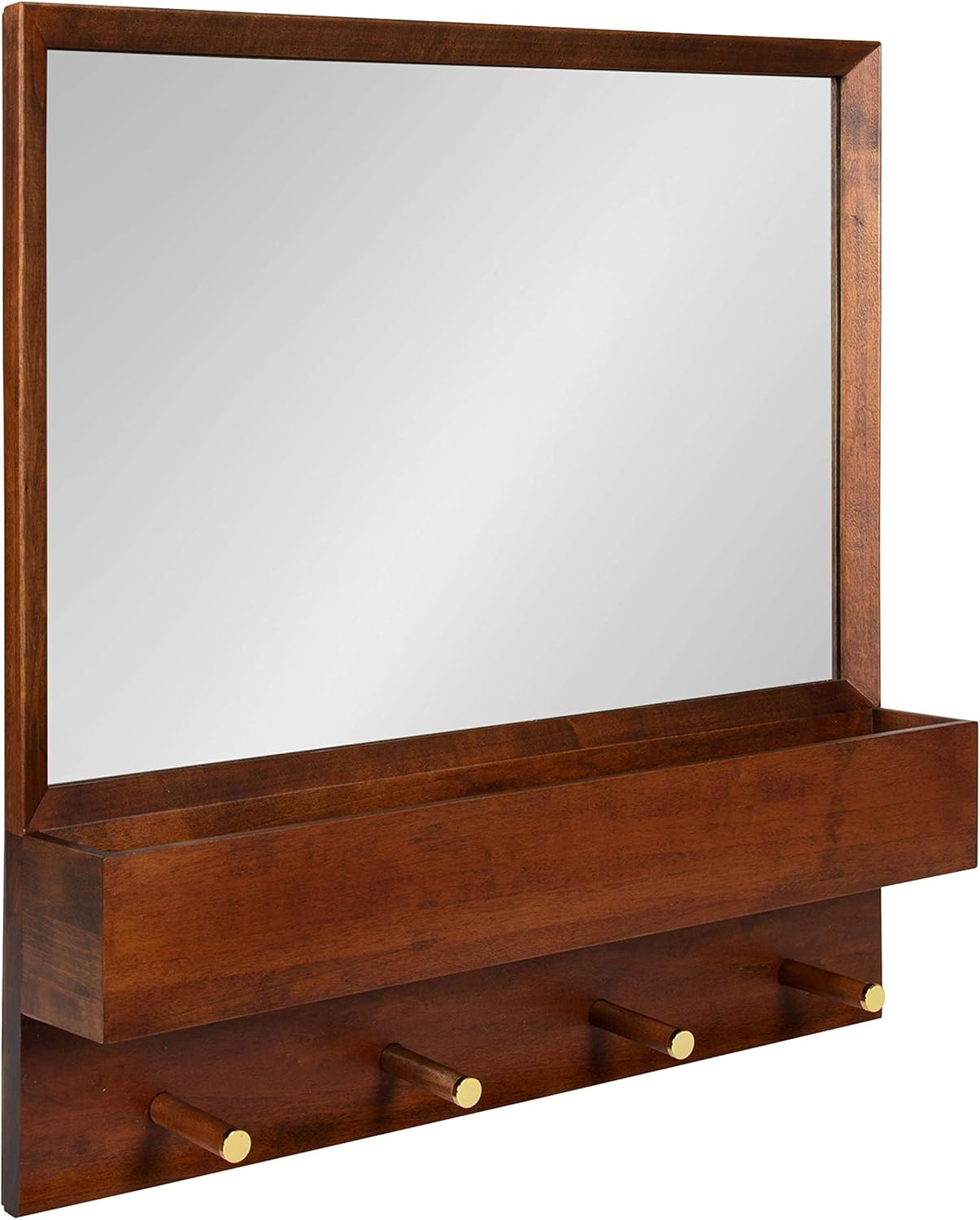 Mid-Century Walnut Wall Mirror with Shelf, Hooks & Mail Organizer, 24×24
