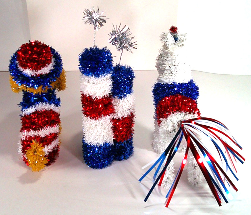 3 Patriotic Tinsel & Plastic Red White & Blue Dog w/ Hat, Unicorn & Fireworks