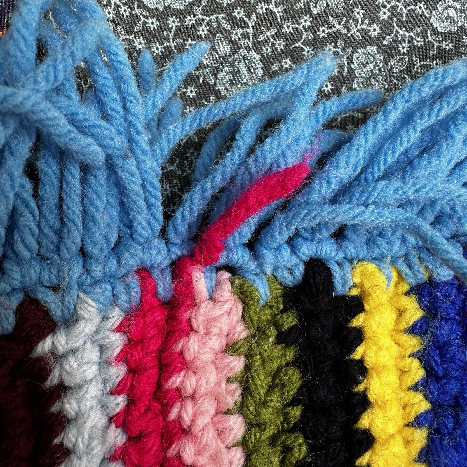 Handmade Crochet Afghan Throw Blanket Multicolor Rainbow Striped Blue Fringe