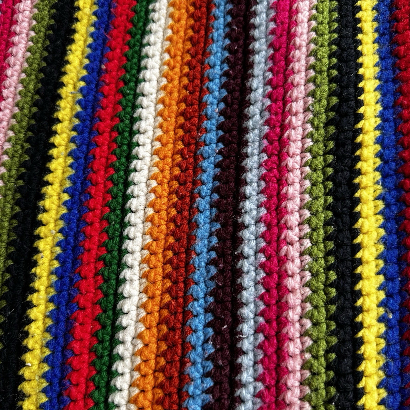 Handmade Crochet Afghan Throw Blanket Multicolor Rainbow Striped Blue Fringe