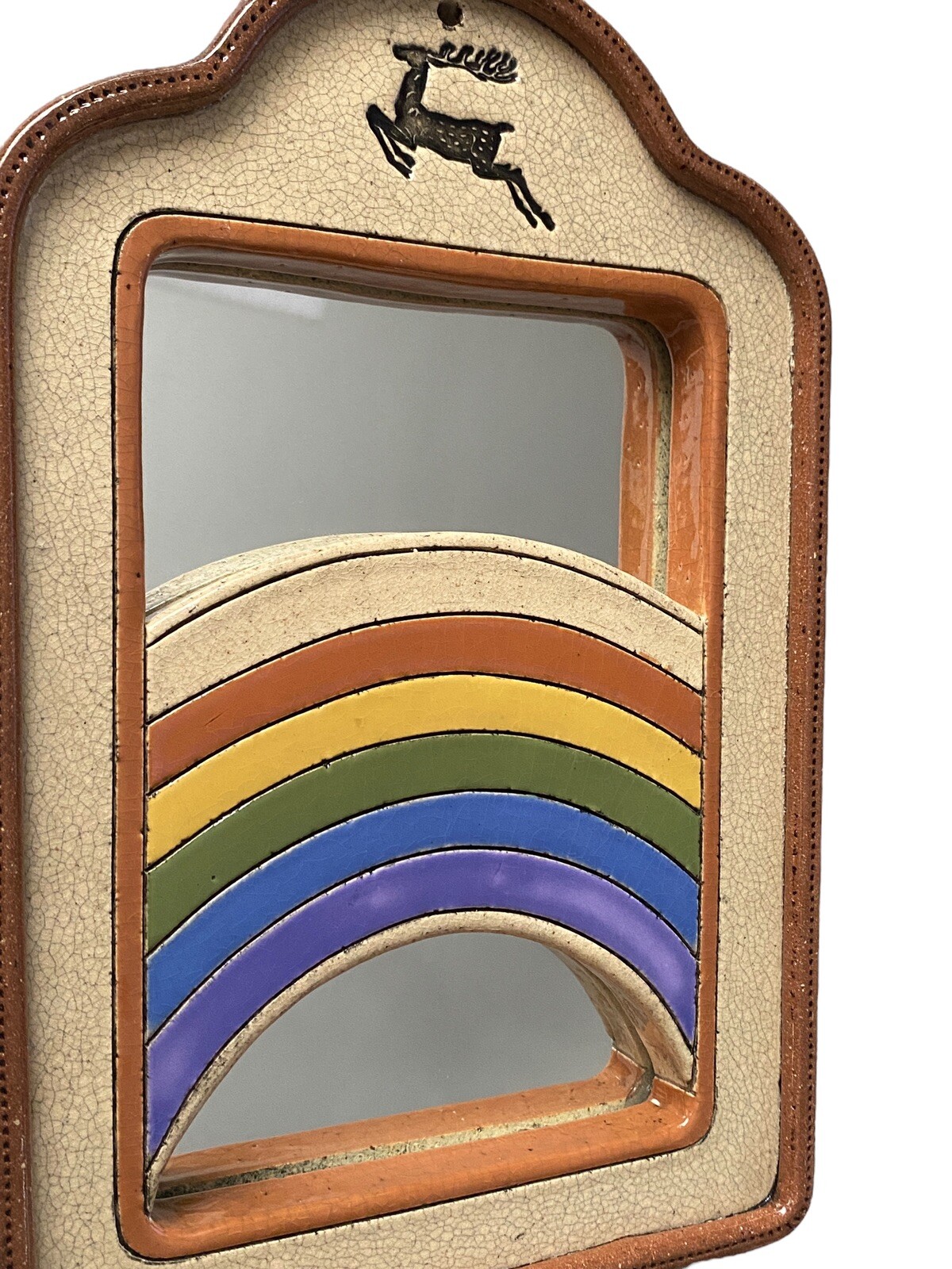 Unique Handmade Boho Wall Mirror Stone, Rainbow, Deer Stamped Wall Decor 9 7/8 T