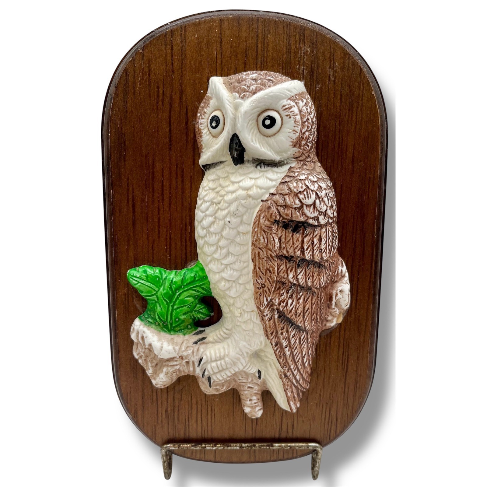 Vintage 3D Owl Wall Plaque Wood Grain Oval Base Woodland Decor Brown White 8&Prime;