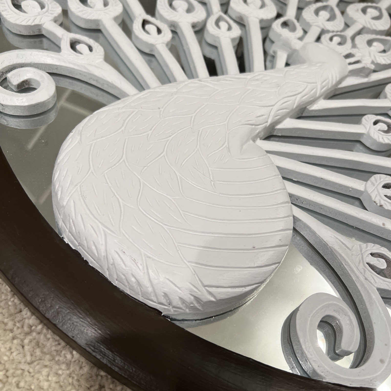 Large Round Peacock Wall Mirror Art Decor 23.5” White & Silver w/ Wooden Frame