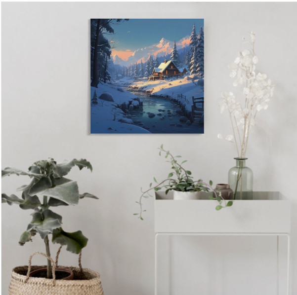 Country Mountain River Landscape Cabin Snow Canvas Print Winter 12 x 12 Frame
