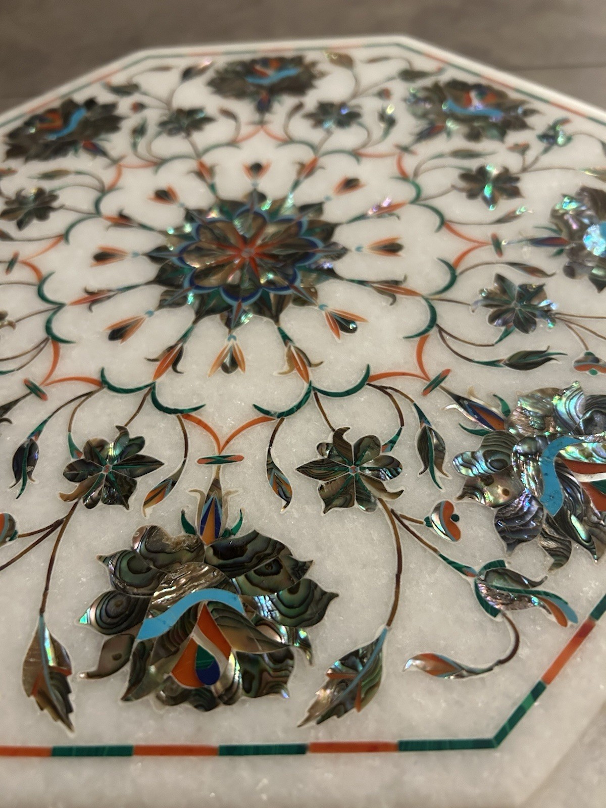 12” Marble Inlay Table Top Mother of Pearl Floral Mosaic Handmade Art