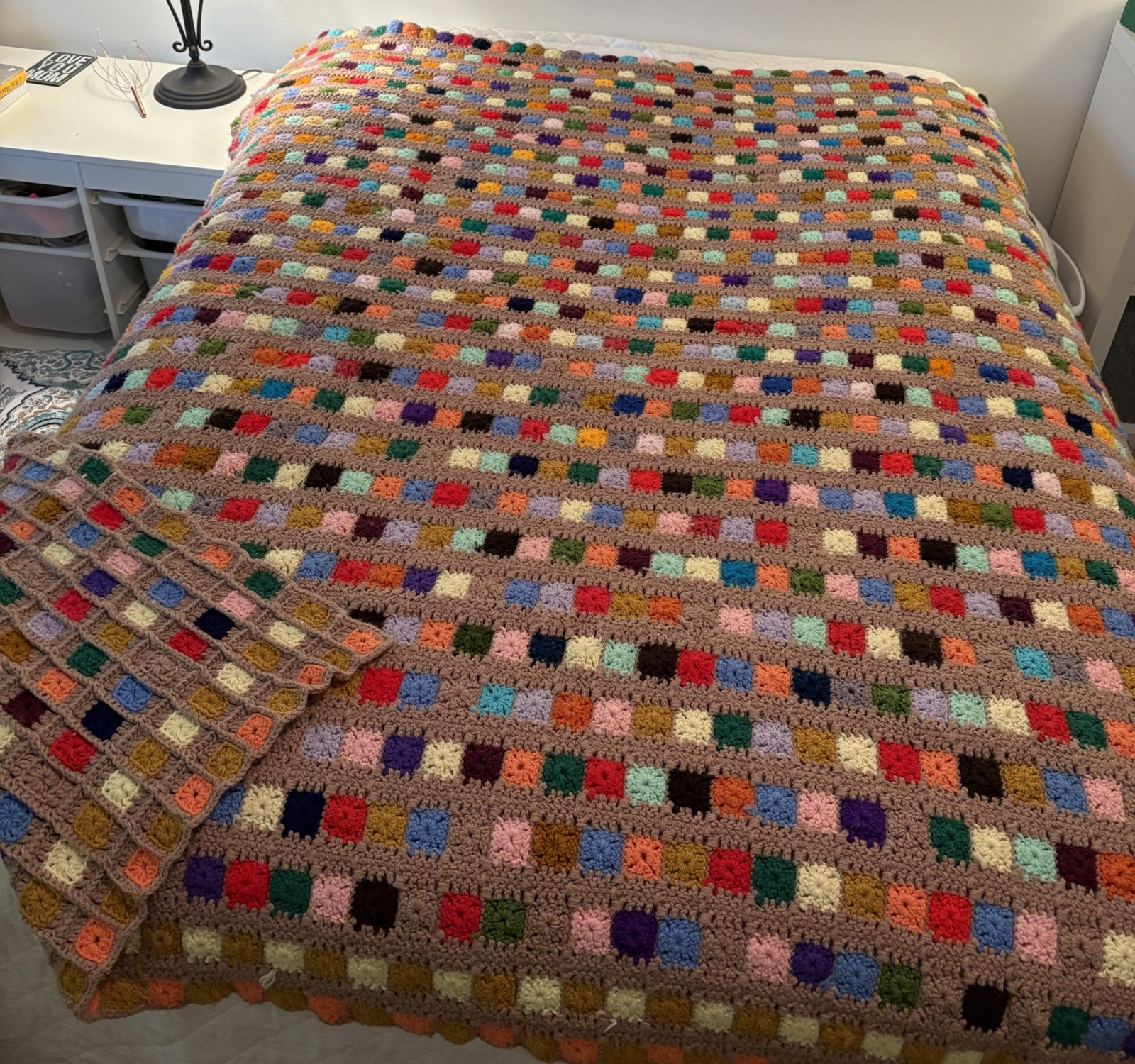 Vintage Hand crocheted afghan blanket granny square pattern multi color 64×74”