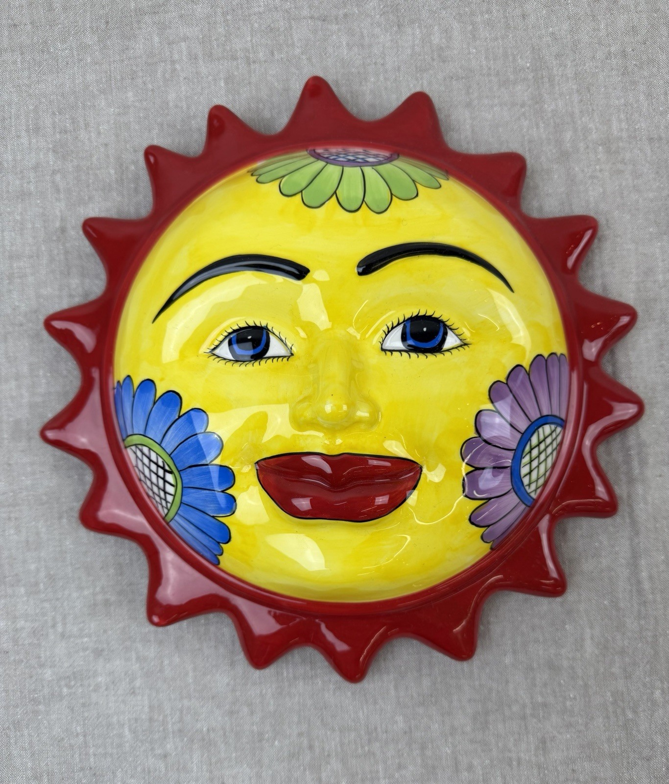 Talavera Style 10&Prime; Sun Face Painted Folk Art Ceramic Wall Plaque Home Decor