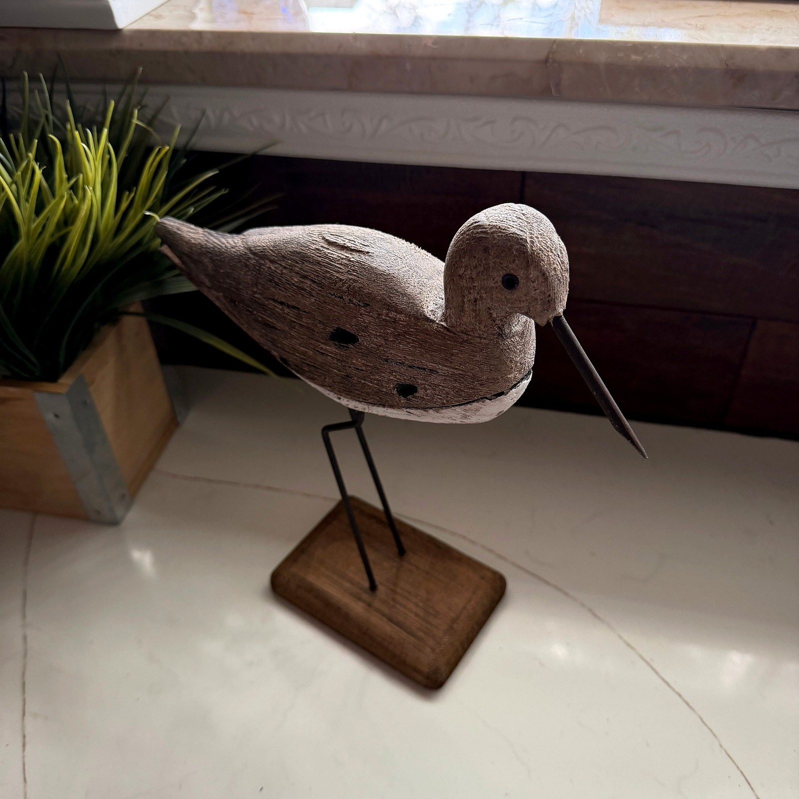 Decorative Sea Bird Figurine Weathered Wood Metal Coastal Statue 10.75 In