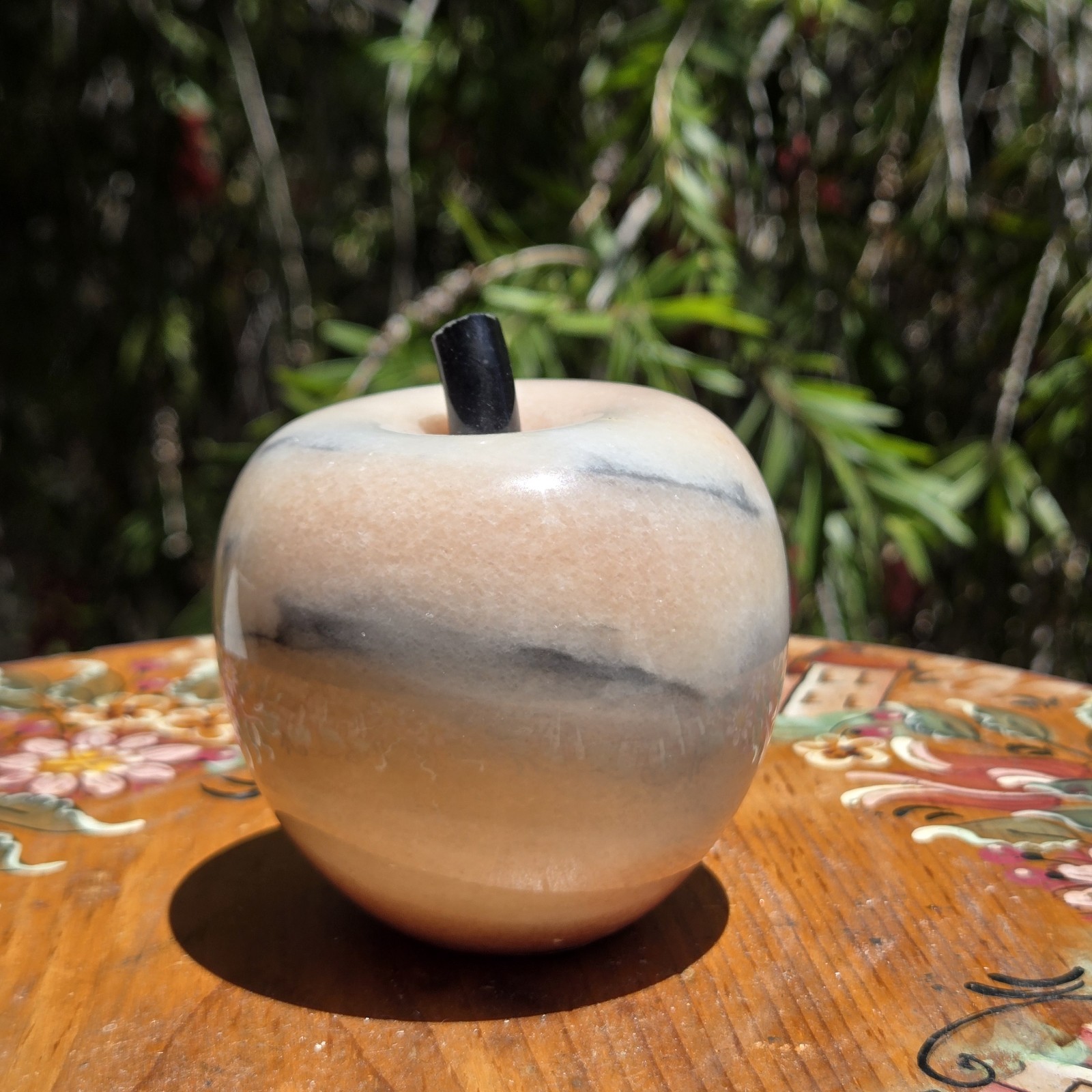 Vintage Carved Alabaster Stone Marble Apple Fruit Paperweight Light Ivory Pink