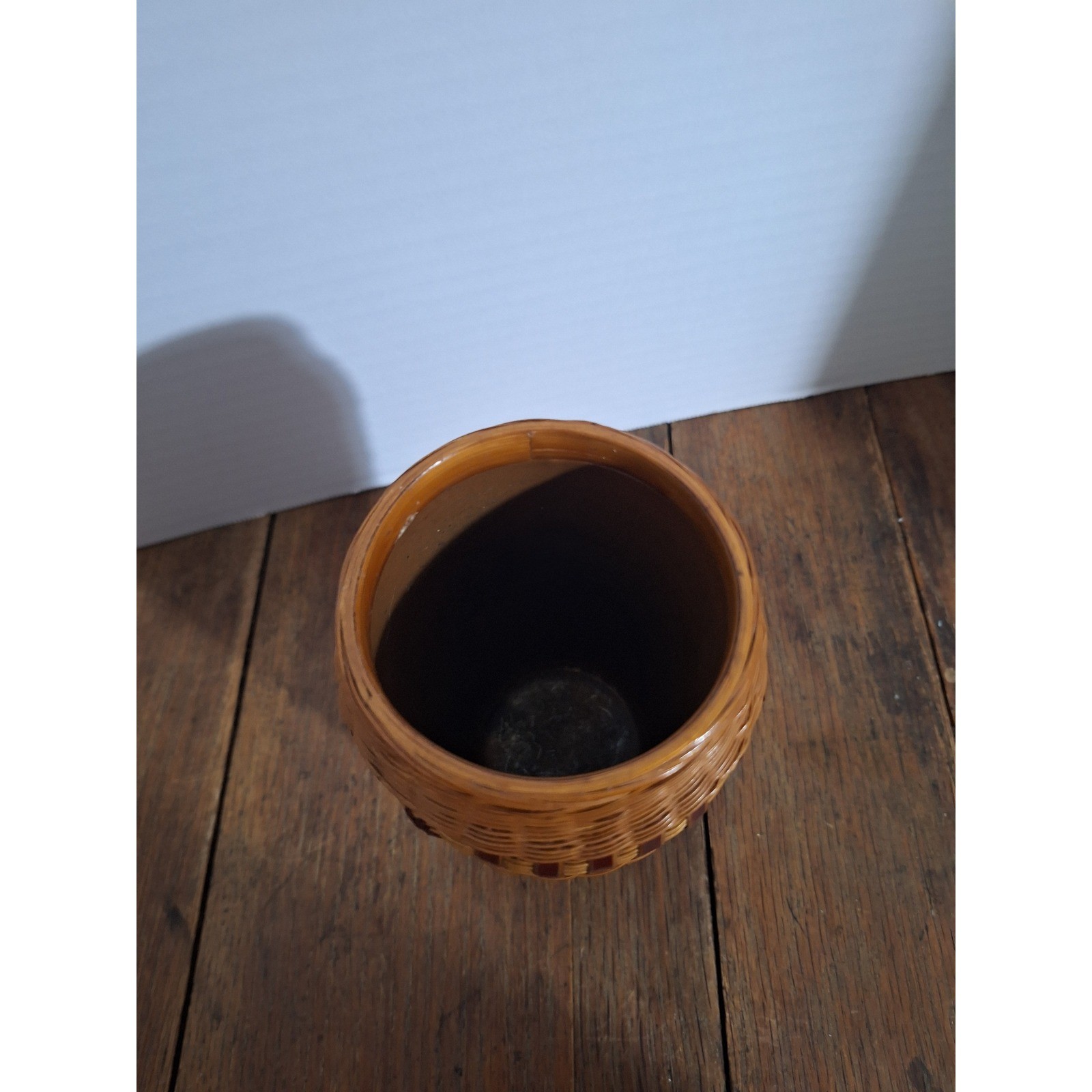 Vintage Shanghai Handicrafts Woven Bamboo Vase Two-Tone Brown Basketry 7&Prime; MCM
