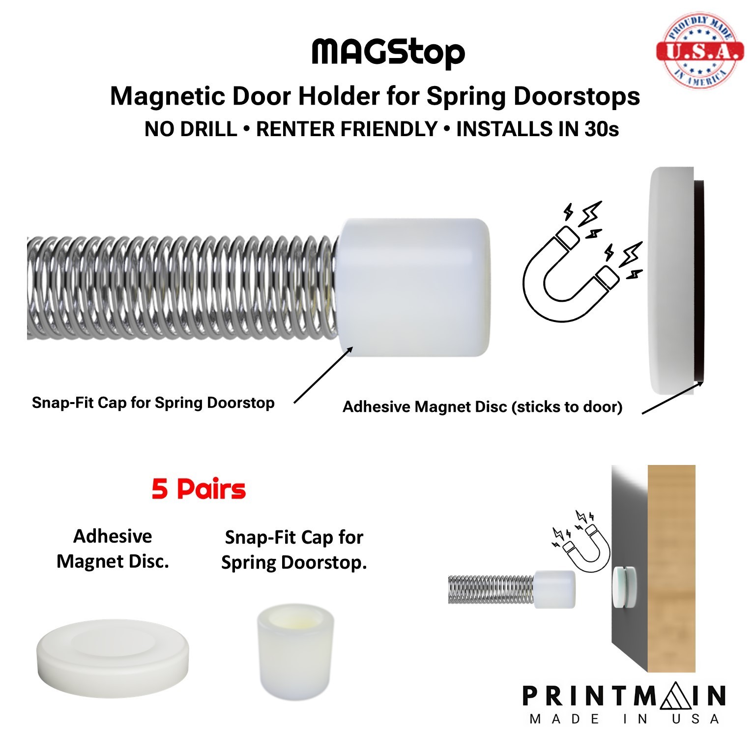 Magnetic Spring Door Stopper, Converts Existing Stop, No Tools, Removable, 5 Pcs