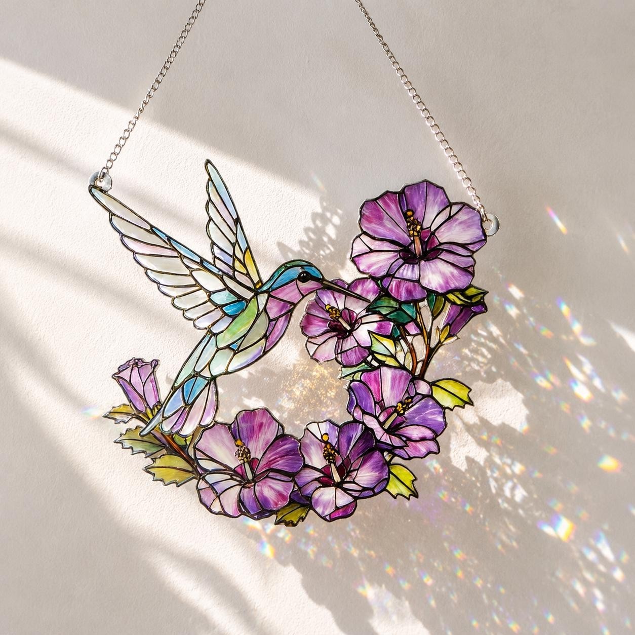 Stained Glass Hummingbird Suncatcher Lavender Flower Window Hanging Botanical