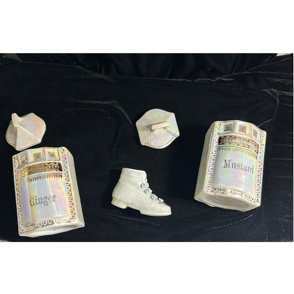 Vintage Lustreware Porcelain Boot, Ginger, Mustard Jar Figurines Made in Germany