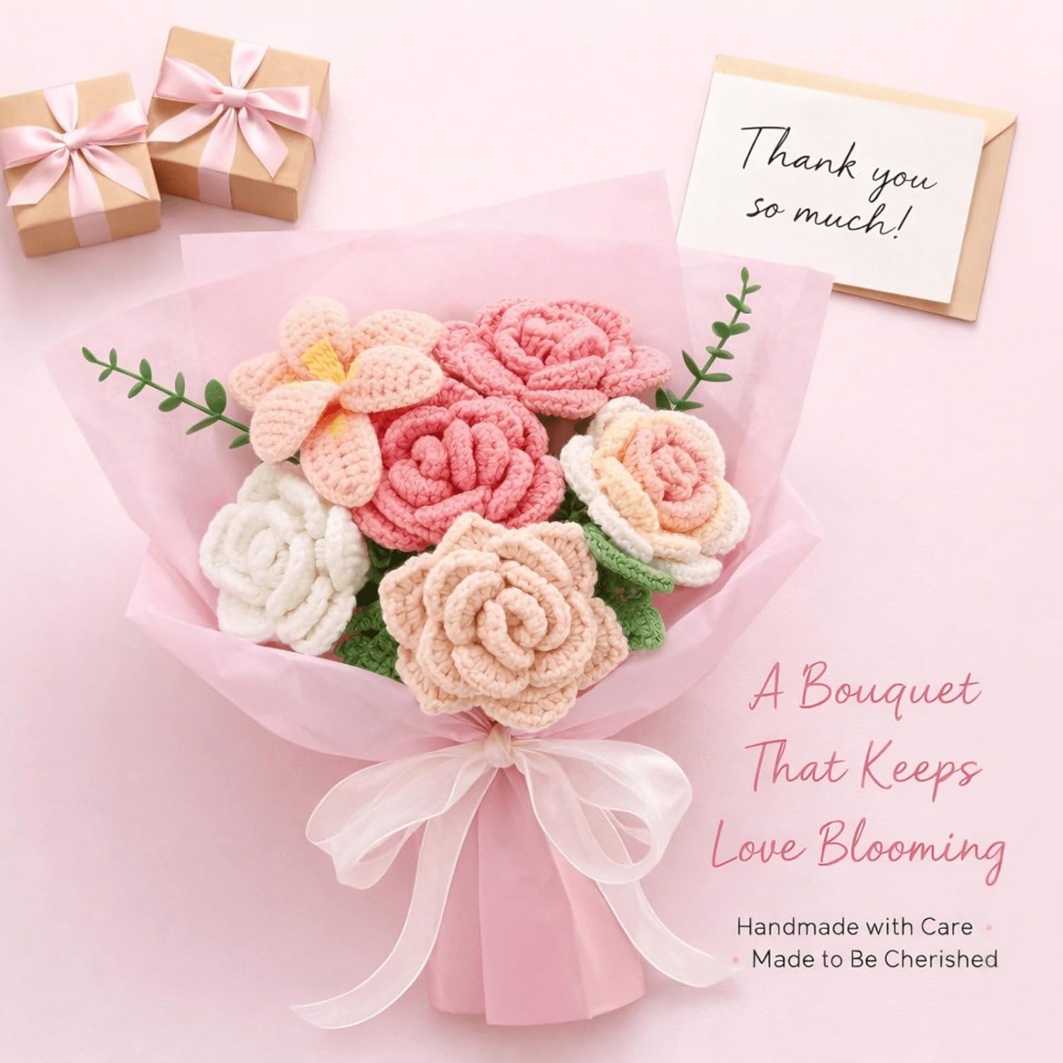 Youeon Pink Crochet Flower Bouquet, Handmade Knitted Yarn Rose Flowers with Gift