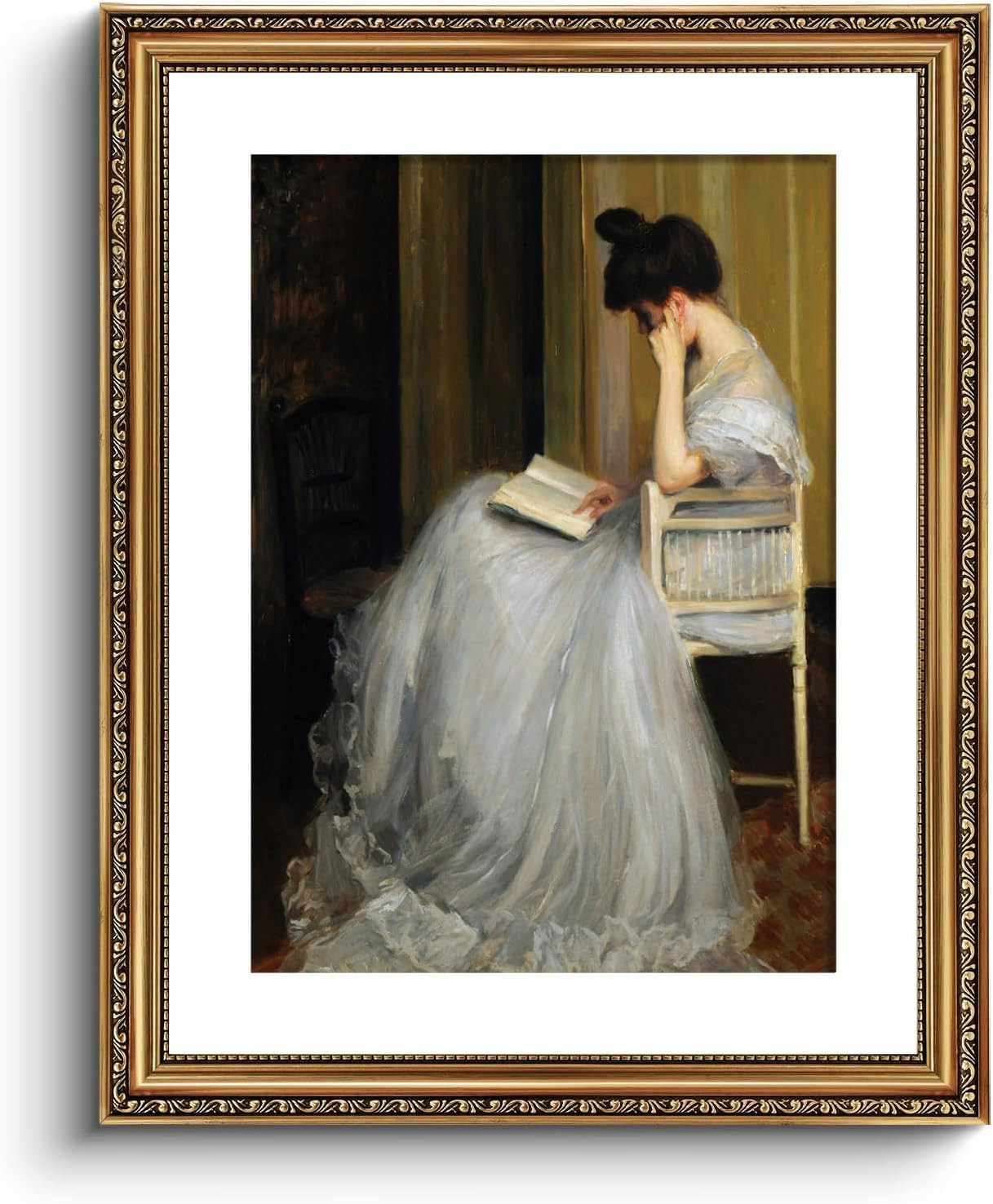 Elegant Gold Framed Canvas Art – Vintage Women Reading Wall Decor 16x20in