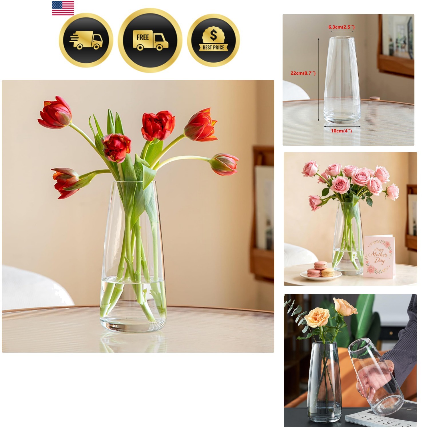 Modern Glass Vase Crystal Clear Glass Vase for Home Office Decor Crystal Clear
