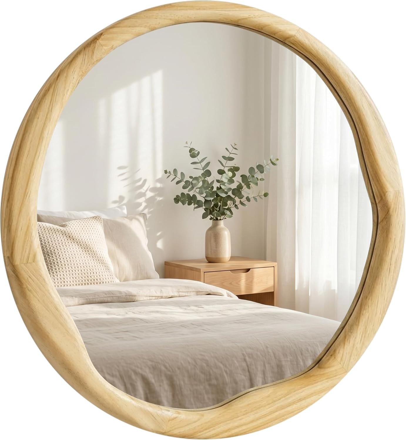 24&Prime; Natural Wood Round Mirror, Solid Wood for Bathroom Vanity & Bedroom
