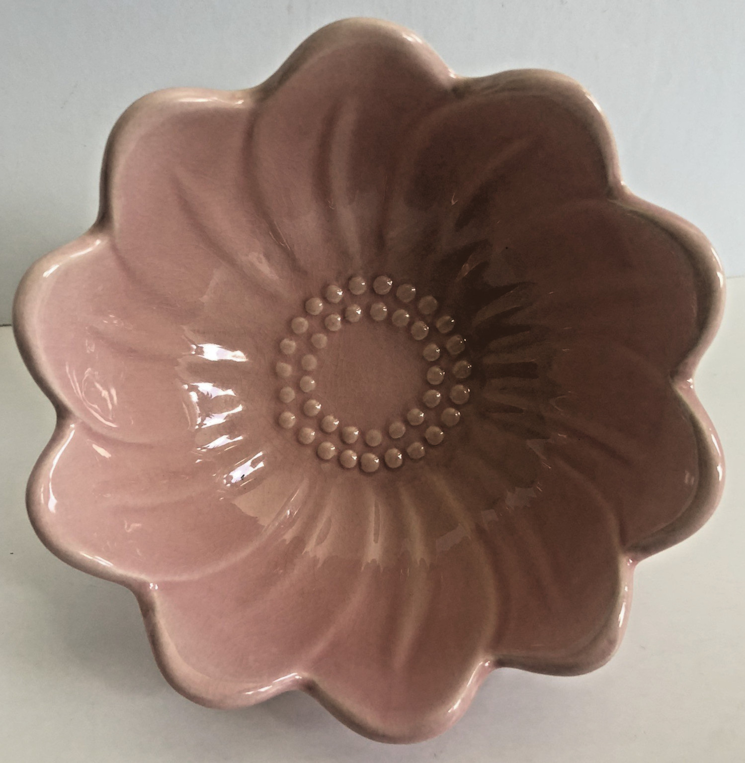 Vtg Pink Flower Serving Bowl 5.75&Prime; Ceramic Decorative Scalloped Floral Tip Rim