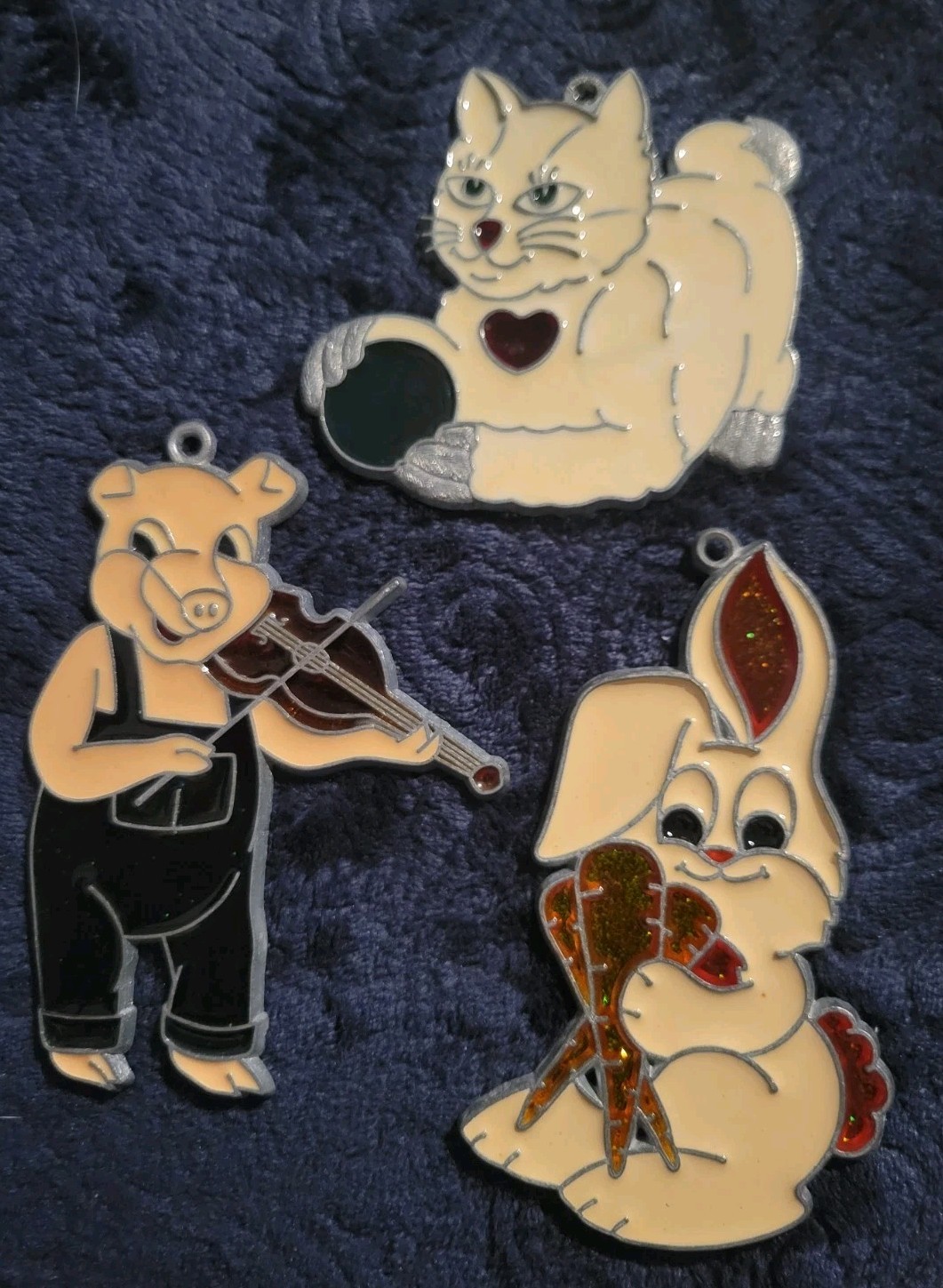 Vintage Sun Catchers Cat, Bunny Rabbit, Pig Playing Fiddle Lot of 3