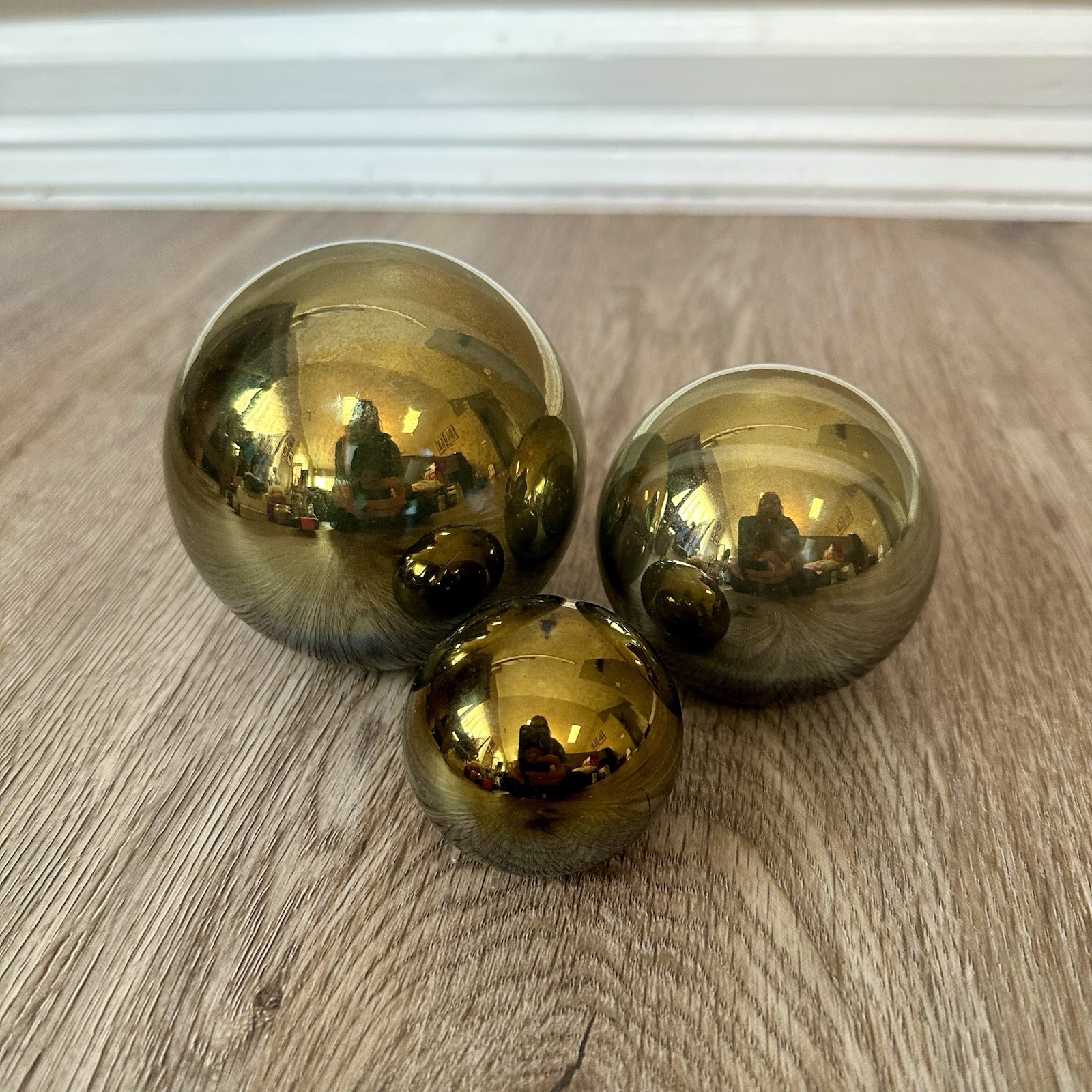 Metallic Gold Black Decorative Balls Set Of 3 Iridescent Orbs Flat Bottom