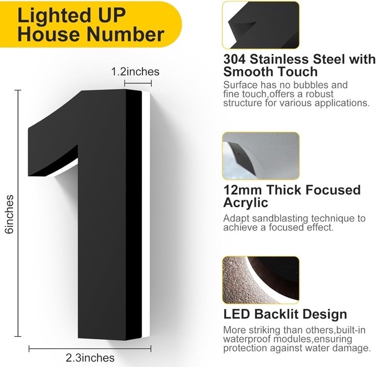 NEW 6 Inch Backlit LED Illuminated House Number 1 Waterproof Stainless Steel