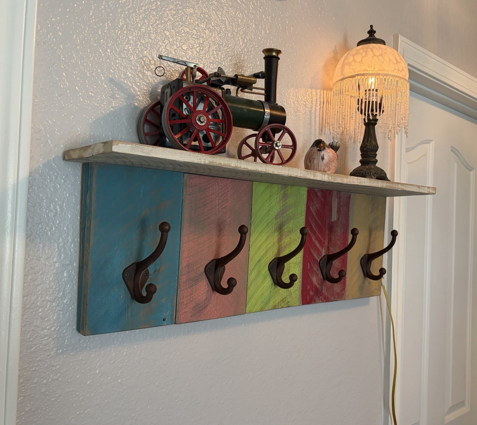 Rustic Colorful 29” Boho Shelf With 5 Cast Iron Coat Hooks