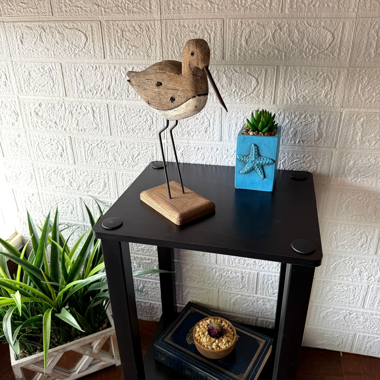 Decorative Sea Bird Figurine Weathered Wood Metal Coastal Statue 10.75 In