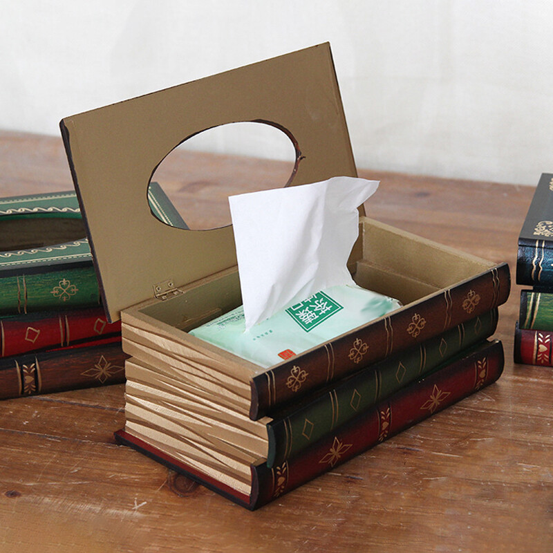 Wood Book Shape Tissue Box Retro Rectangle Napkin Paper Holder Storage Case.