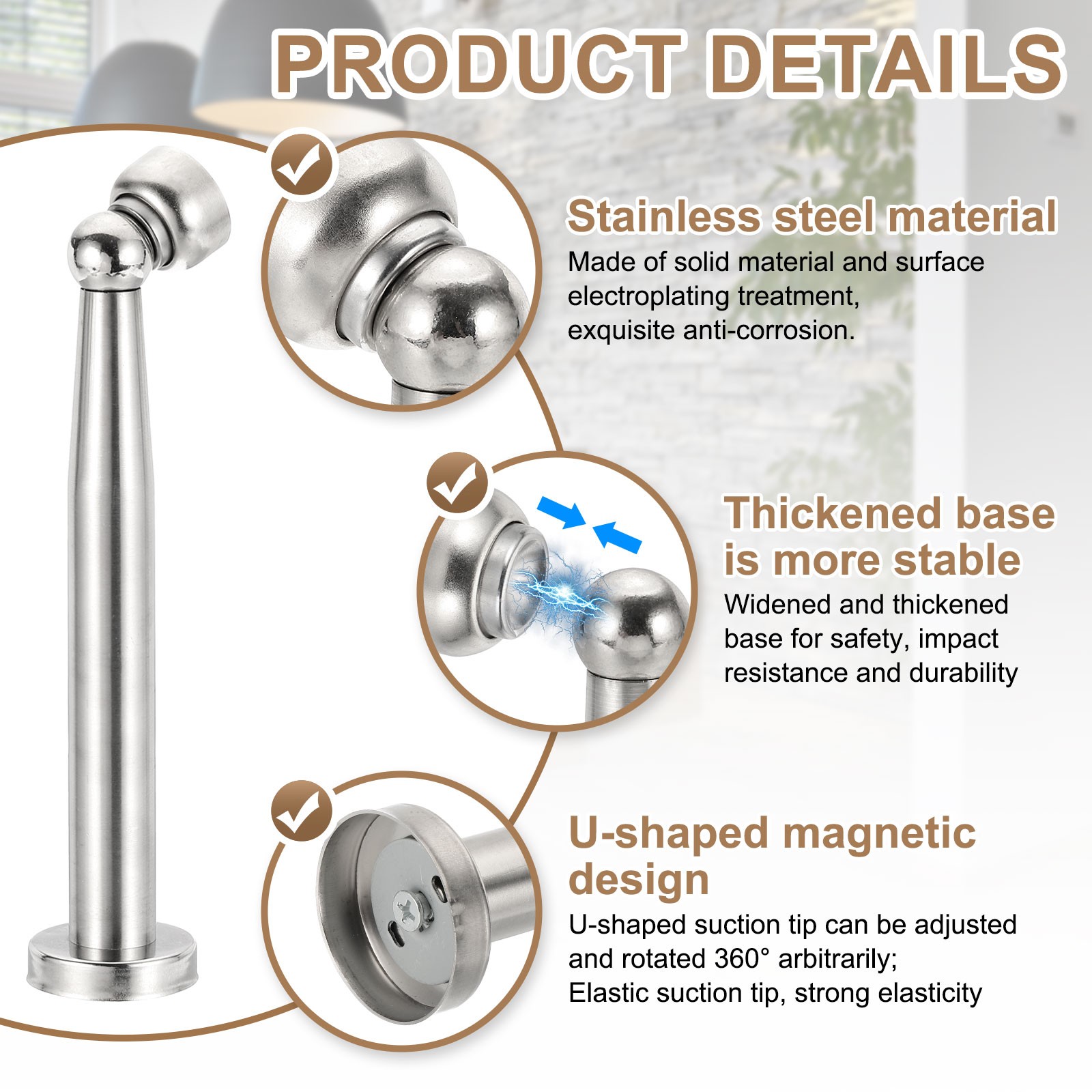 8.3&Prime; Magnetic Door Stoppers, Wall Floor Mounted Door Catch Holder, Silver