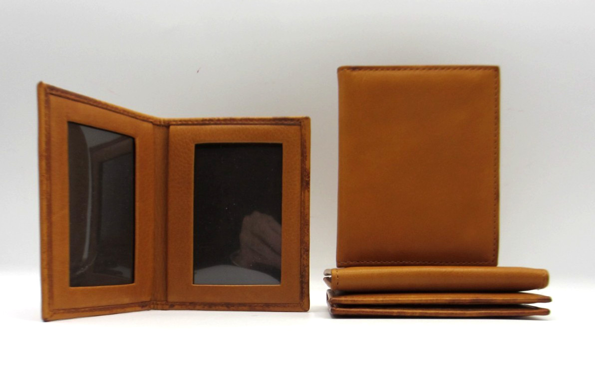 Bifold Frame MINI Holds Two 2×3&Prime; Photos Leather Graphic Image bi-fold TAN