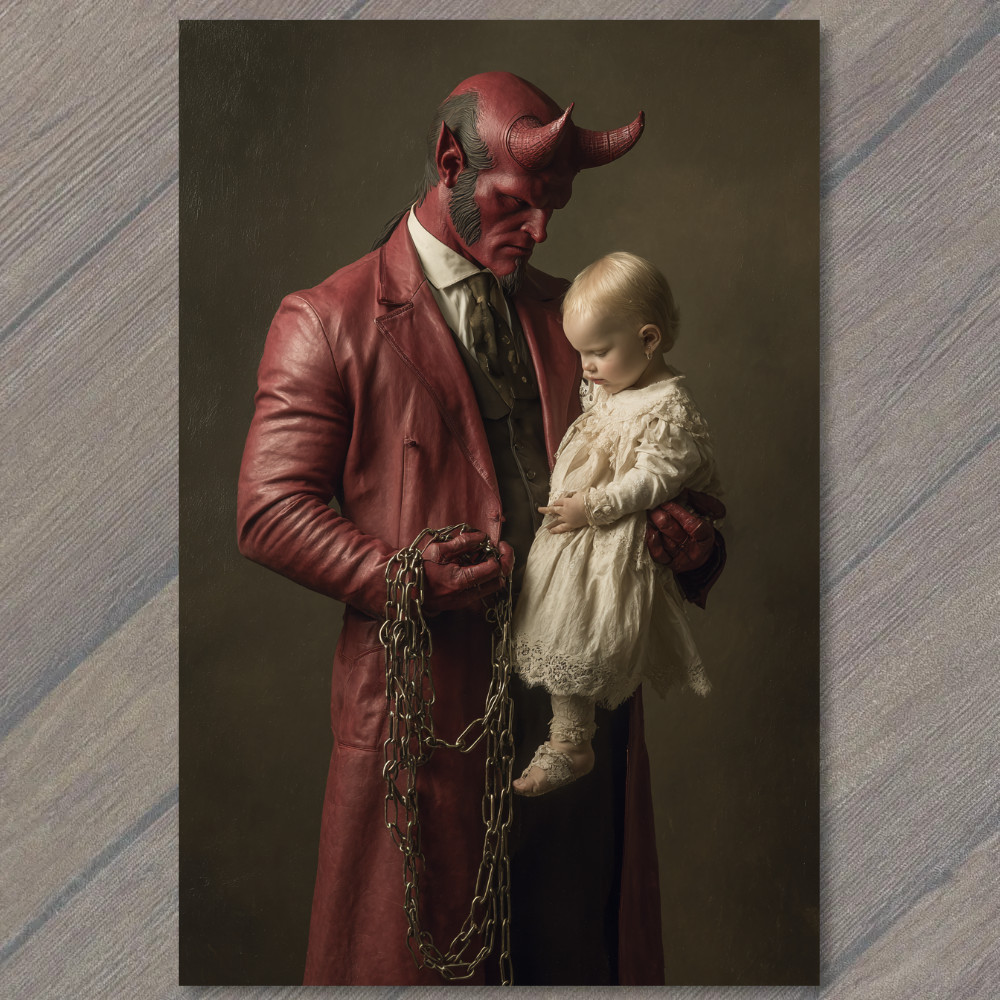 Art Print Red Horned Demon Holding Baby Fantasy Gothic Dark Mythical Character A