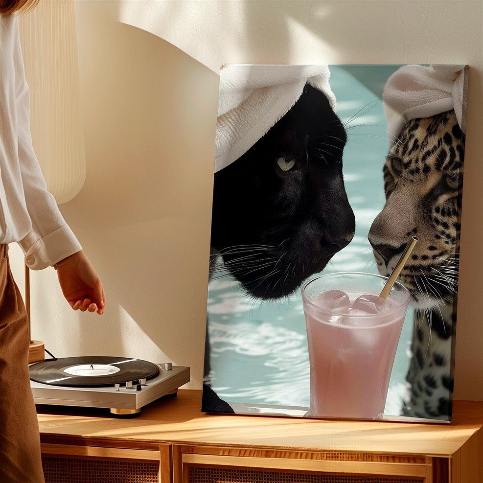 Wall Art Black Panther Leopard Poolside Cocktail Print Funny Animal Home Decor
