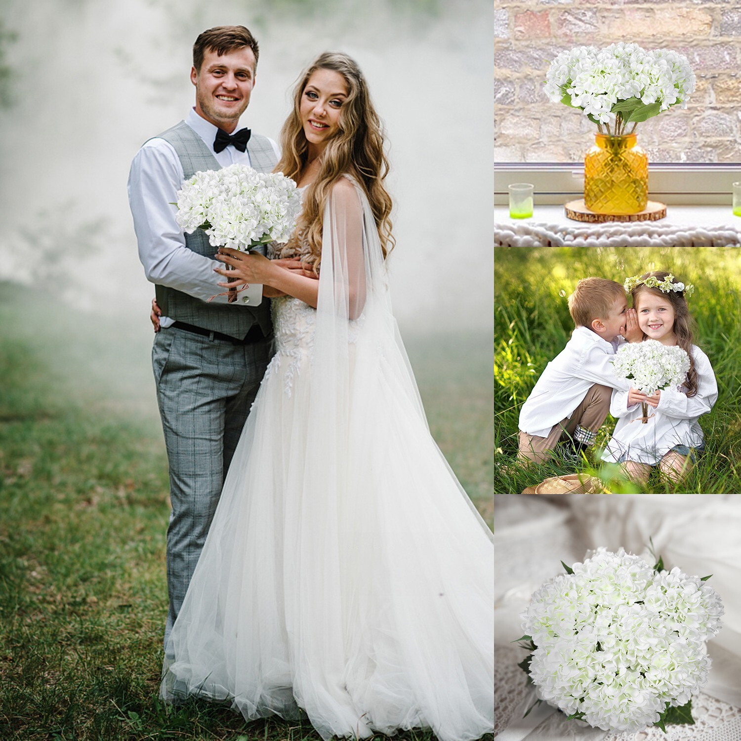 EZFLOWERY 5 Pcs Artificial Silk Hydrangea Flowers 18 » Bouquet Arrangement White