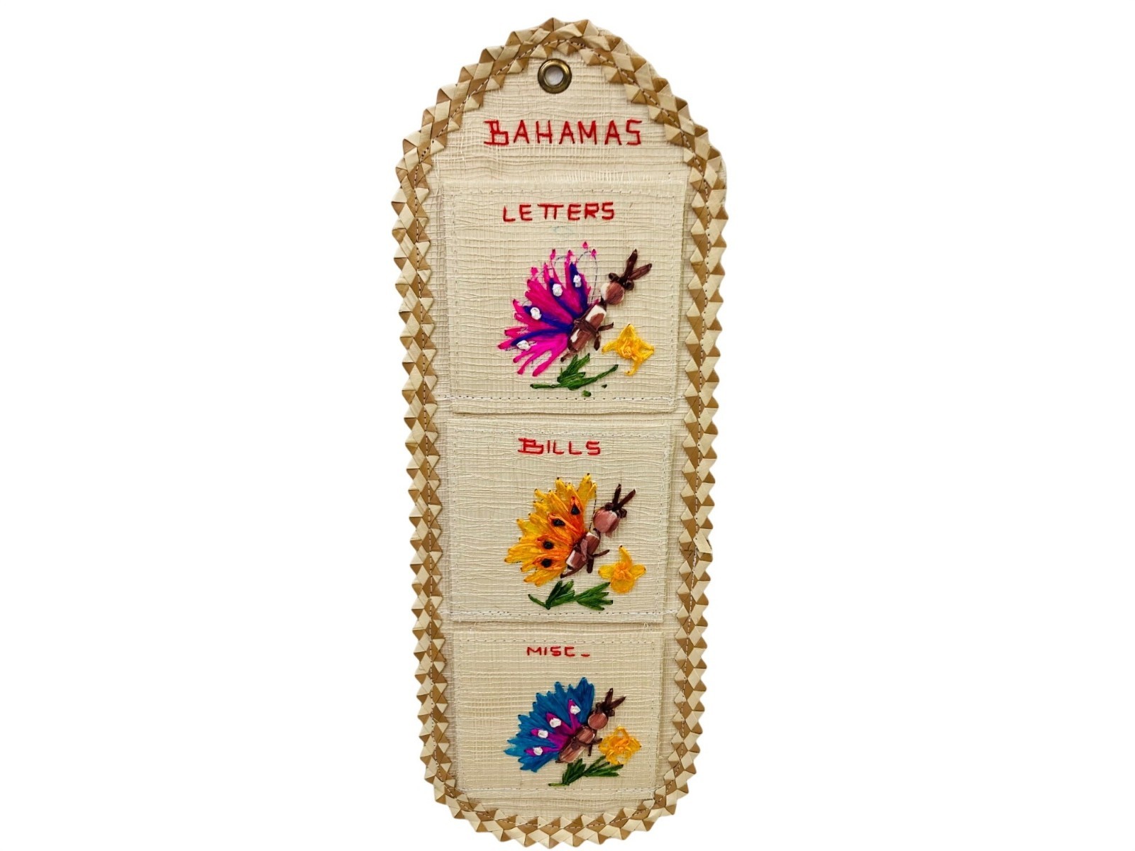 Vintage Straw Raffia Hanging Letter Bill Holder Embroidered Bahamas Boho Decor