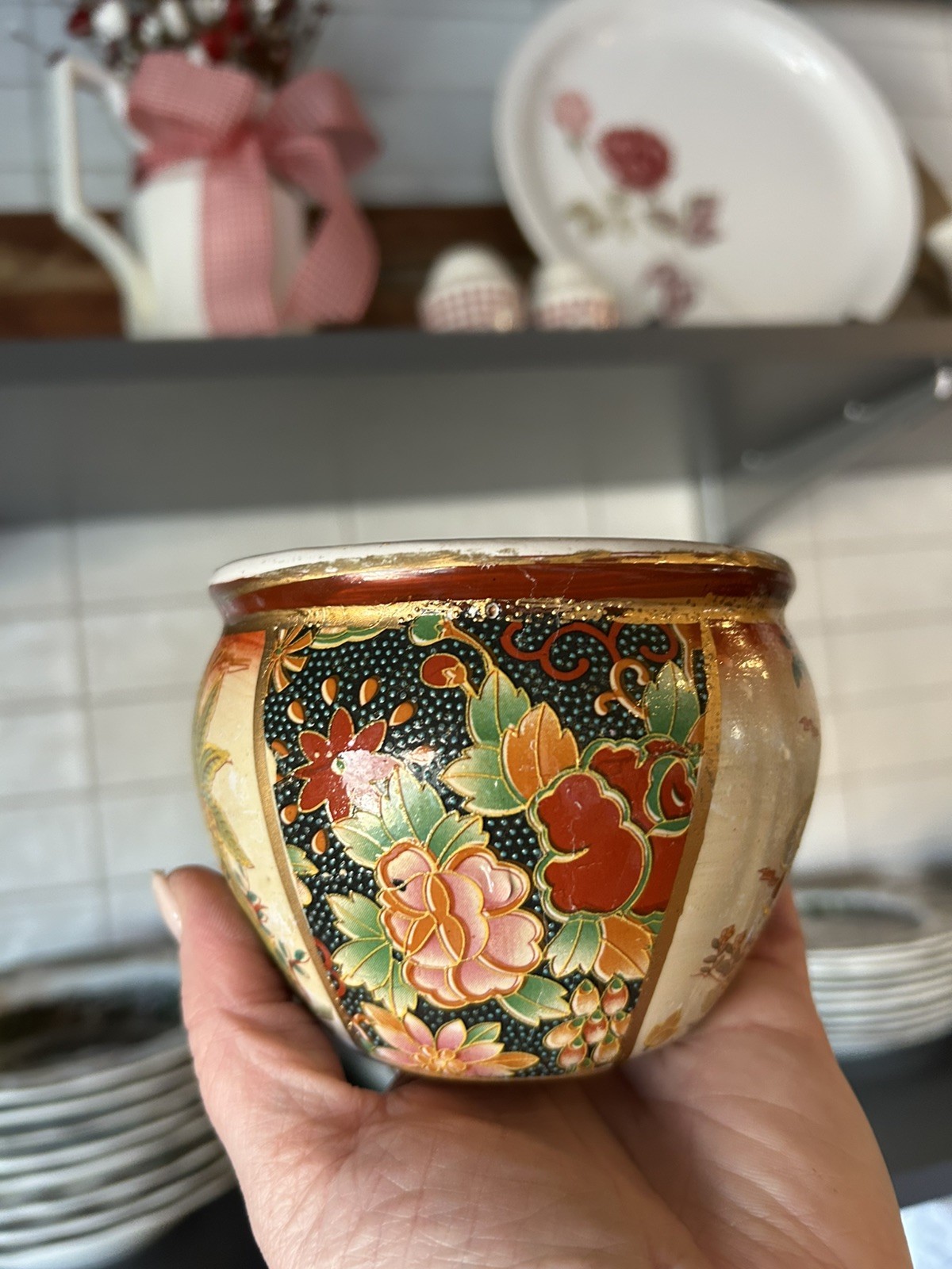 Vintage Chinese SATSUMA Style Fish Bowl Planter VASE floral elephant