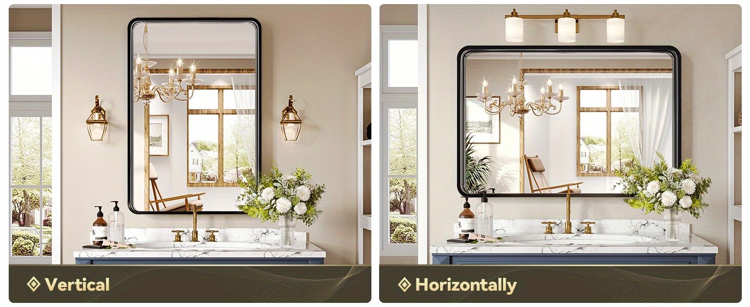 Black metal framed rounded rectangle bathroom mirror 3 sizes Matte black