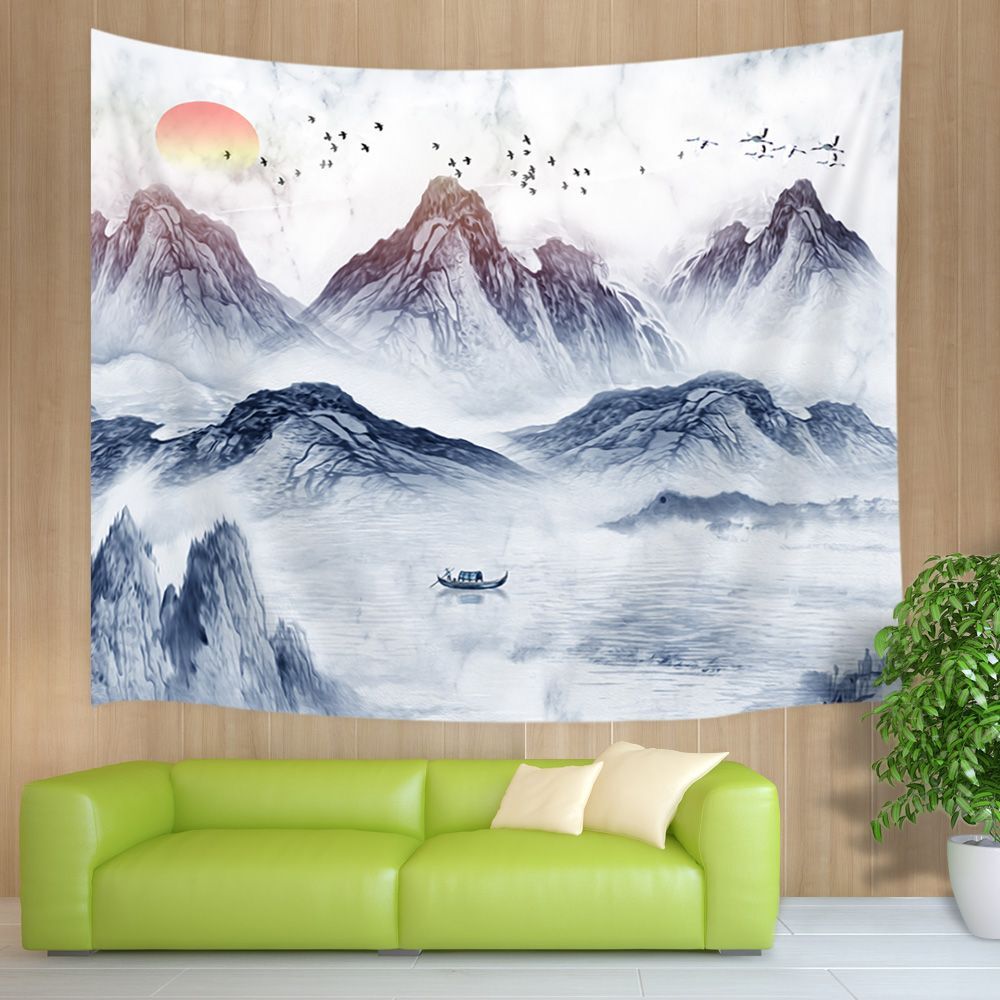 Extra Large Tapestry Wall Hanging Asian Nature Ink Painting Sunset Fisherman Zen