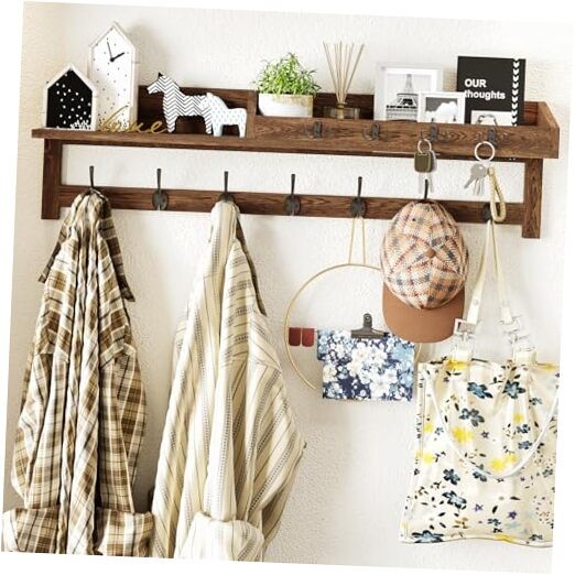 Coat Rack Wall Mount, 35 inch Large Wall Hooks with Shelf, 35&Prime; L Brown