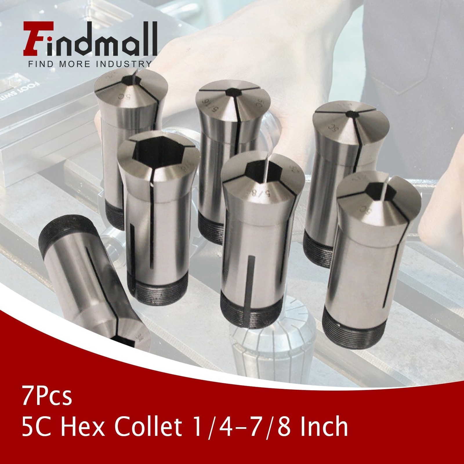Findmall 7Pcs 5C Hex Collet 1/4 5/16 3/8 1/2 5/8 3/4 7/8 Mill Collet Holder Fit