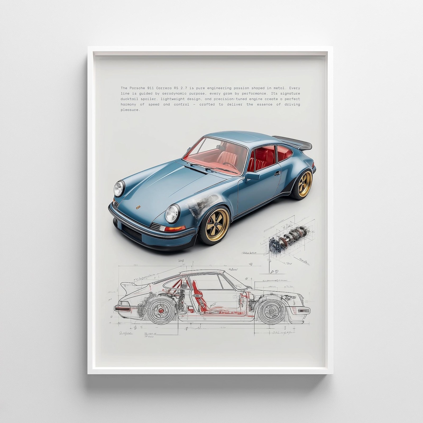 Blue Porsche 911 Poster Retro Automotive Sketch Garage Wall Art Print