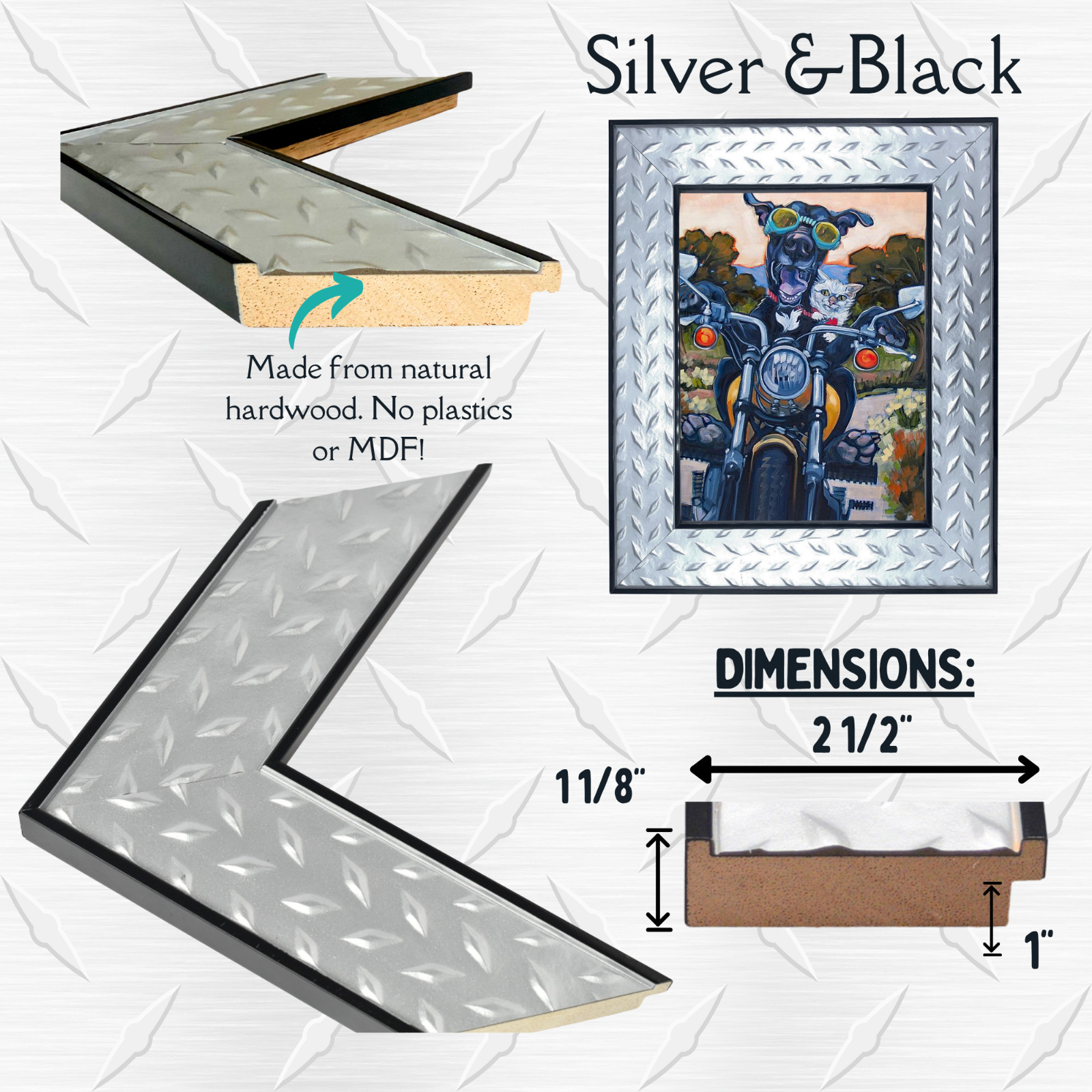 Diamond Plate Picture Frame Silver Black | Industrial Custom Wall Art Frame